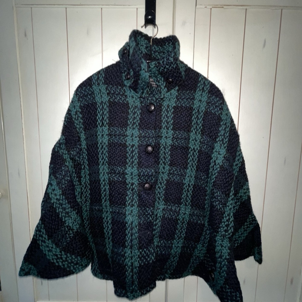 John Branigan Poncho Womens OS Green Blue Plaid Wool Blend Cowl Neck Ireland